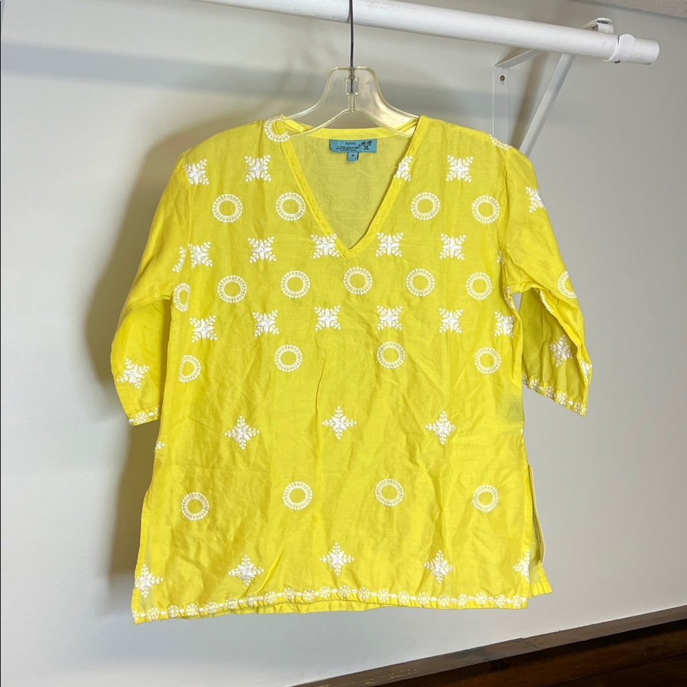 Letarte Bright Yellow Top 3/4 Sleeve Cotton Resort‎ Wear- Medium Petite